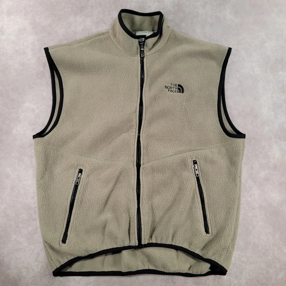 The North Face Mens Fleece Vest Large Green Khaki Full Zip Made in USA RN61661